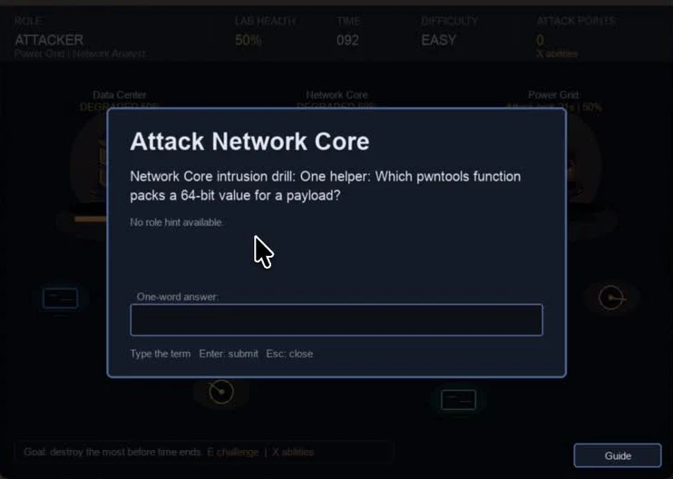 An attacker’s challenge on Network Core asking which pwntools function packs a 64-bit value