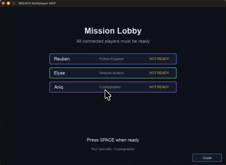 Breach mission lobby with three players, each holding a different specialty