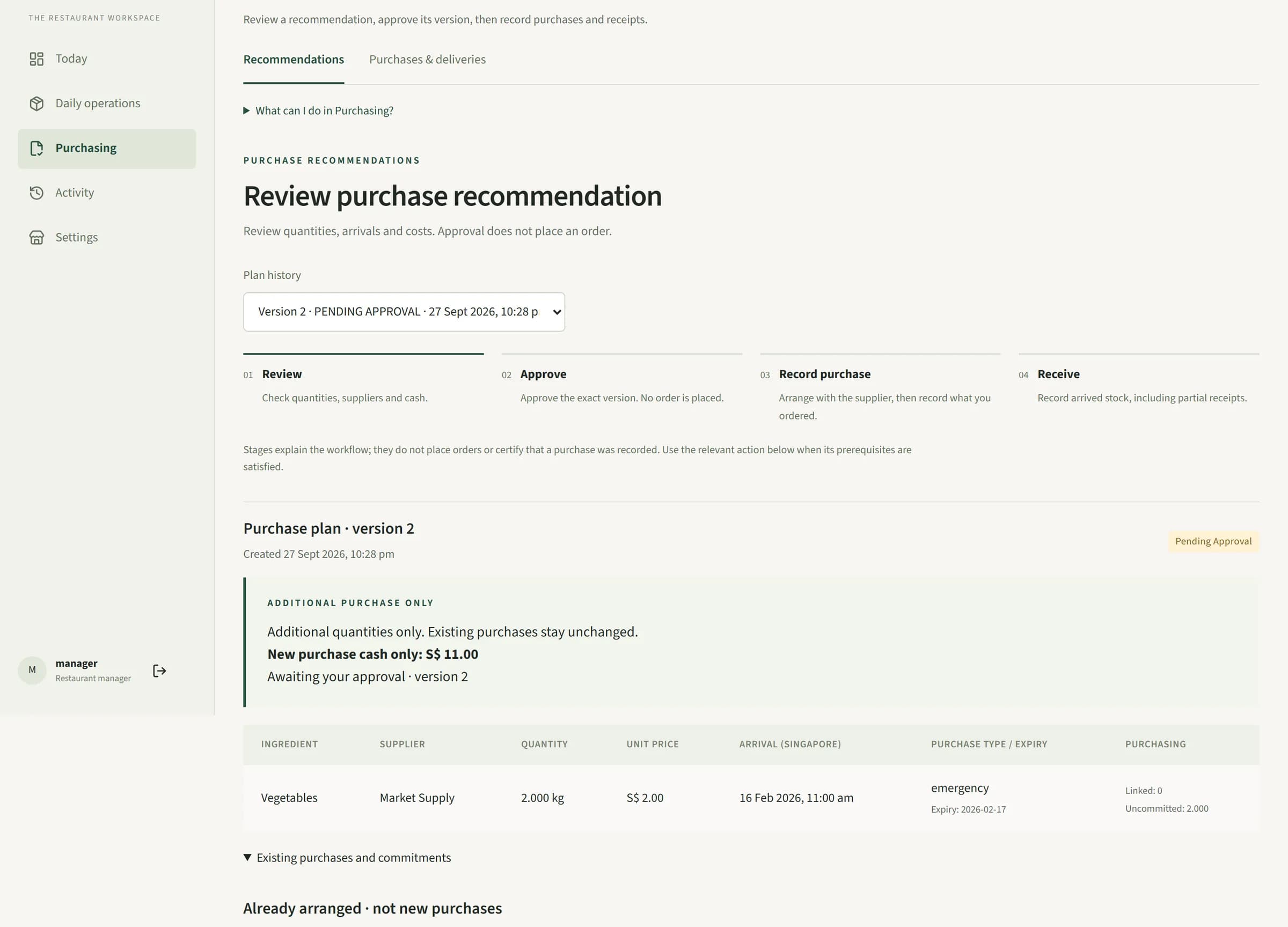 ReStock purchase recommendation, version 2 pending approval: 2.000 kg of vegetables, additional purchase only, S$11 of new purchase cash