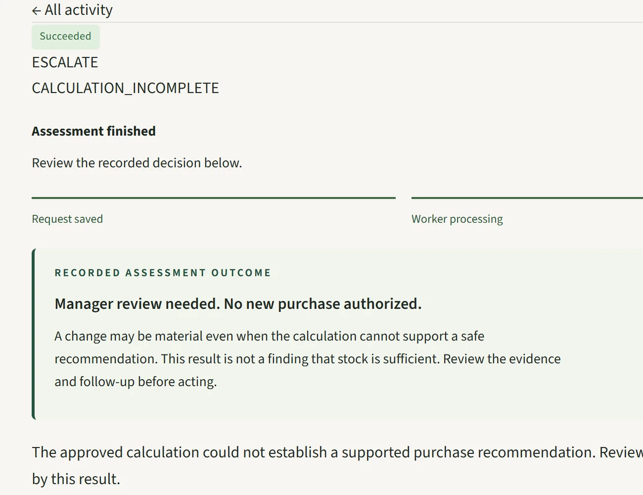 Assessment outcome ESCALATE, CALCULATION_INCOMPLETE: manager review needed, no new purchase authorized