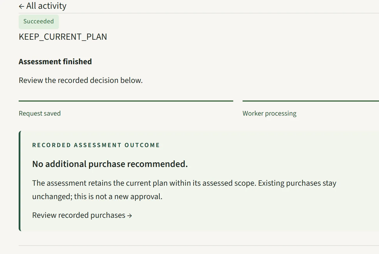 Assessment outcome KEEP_CURRENT_PLAN: no additional purchase recommended