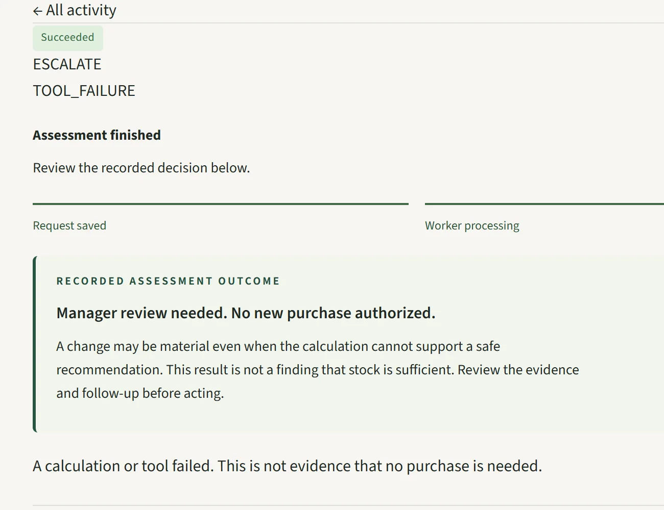 Assessment outcome ESCALATE, TOOL_FAILURE: a calculation or tool failed, not evidence that no purchase is needed