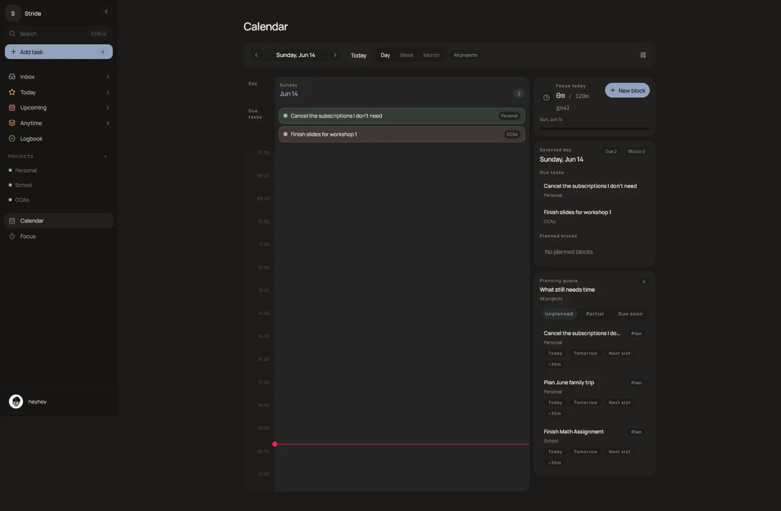 Stride calendar with task-linked focus blocks
