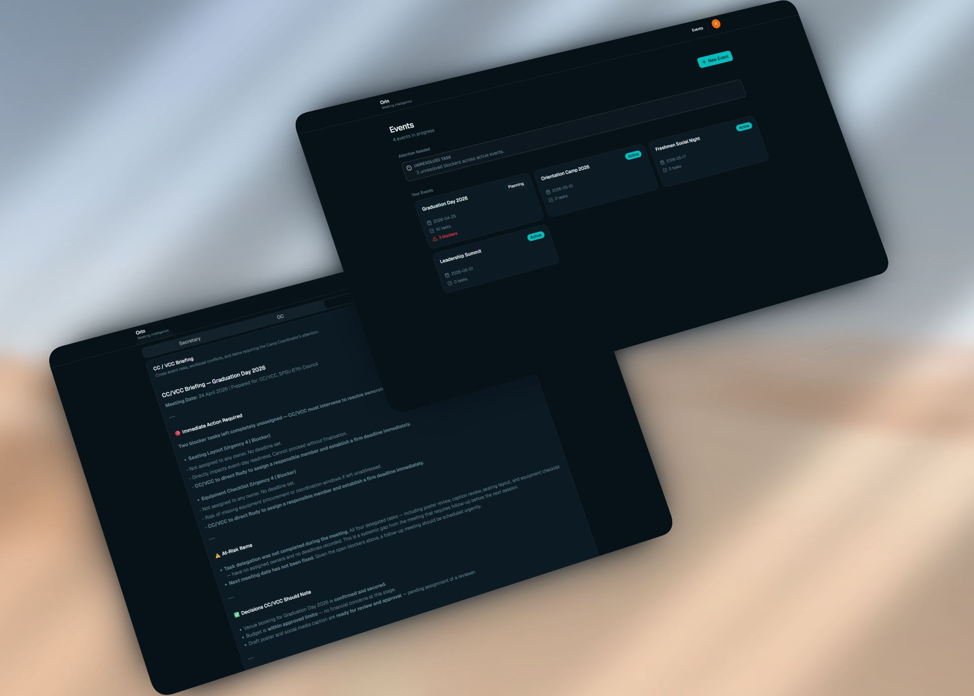 Orin AI meeting workflow dashboard