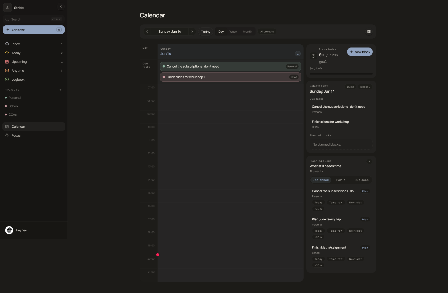 Stride calendar planner with persisted focus blocks