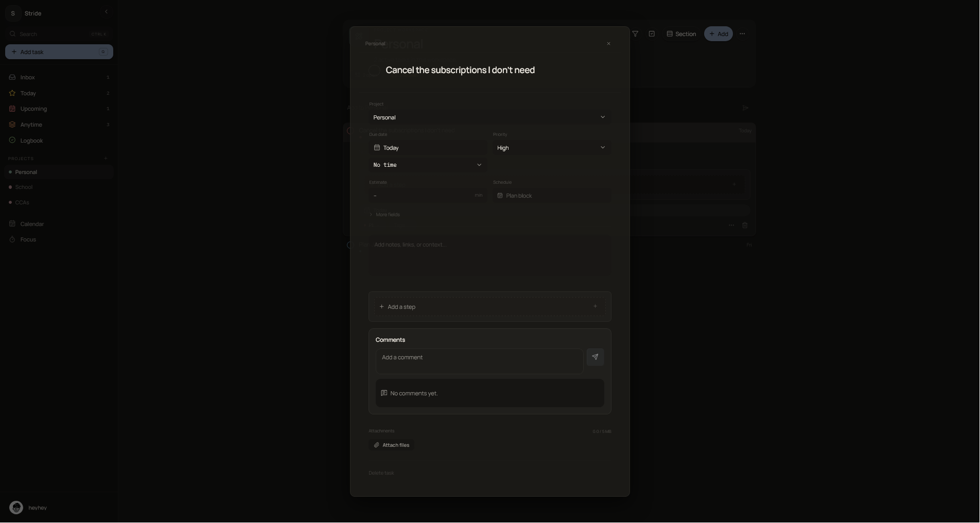 Stride detailed task editor with structured task fields