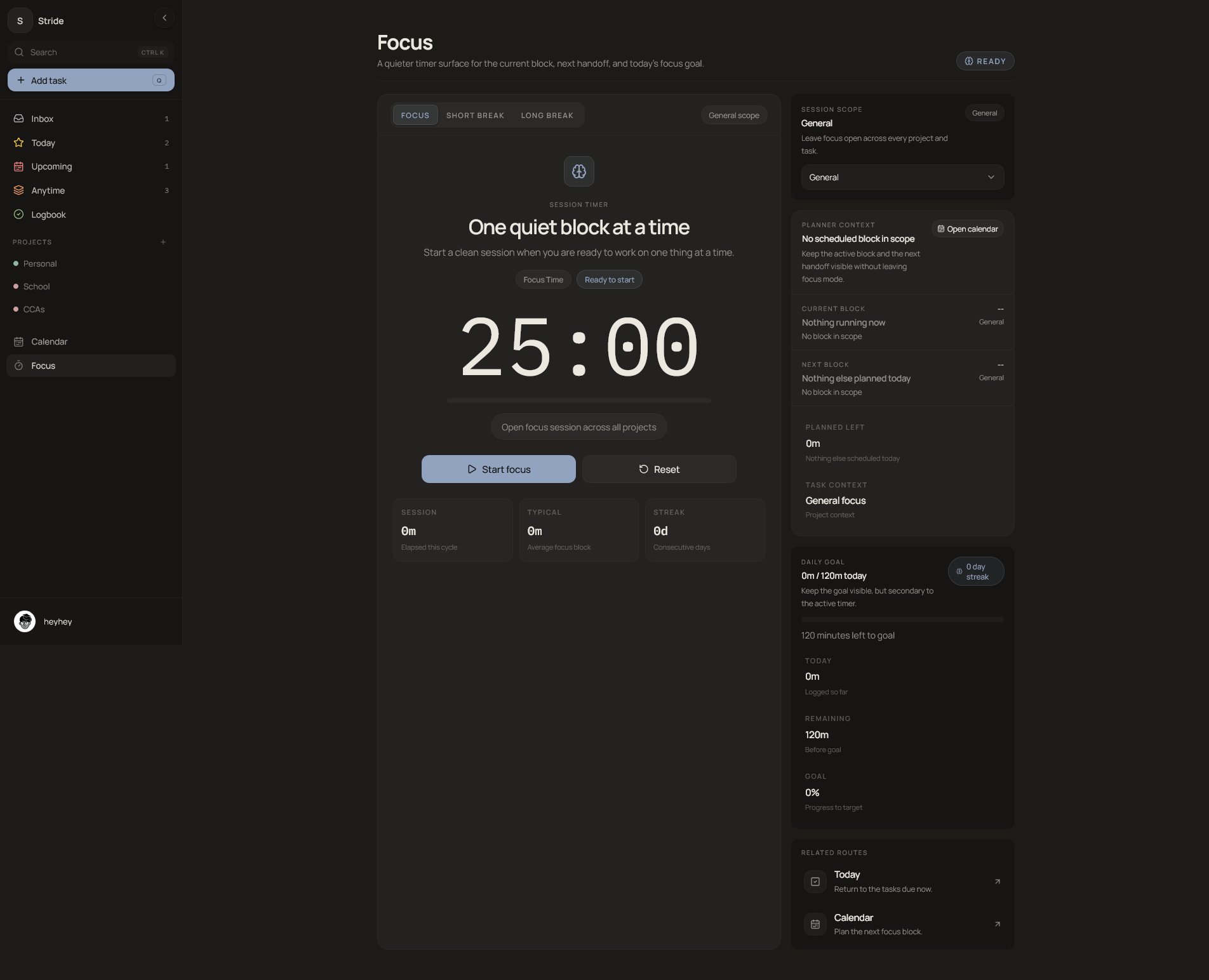 Stride focus timer connected to planned work