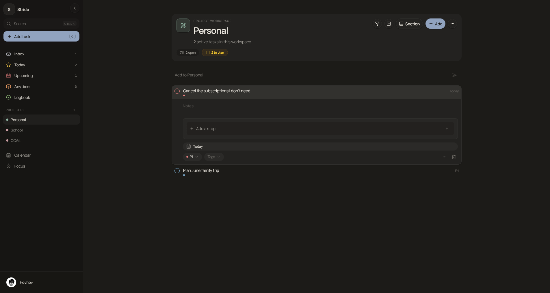 Stride individual project workspace with organized tasks
