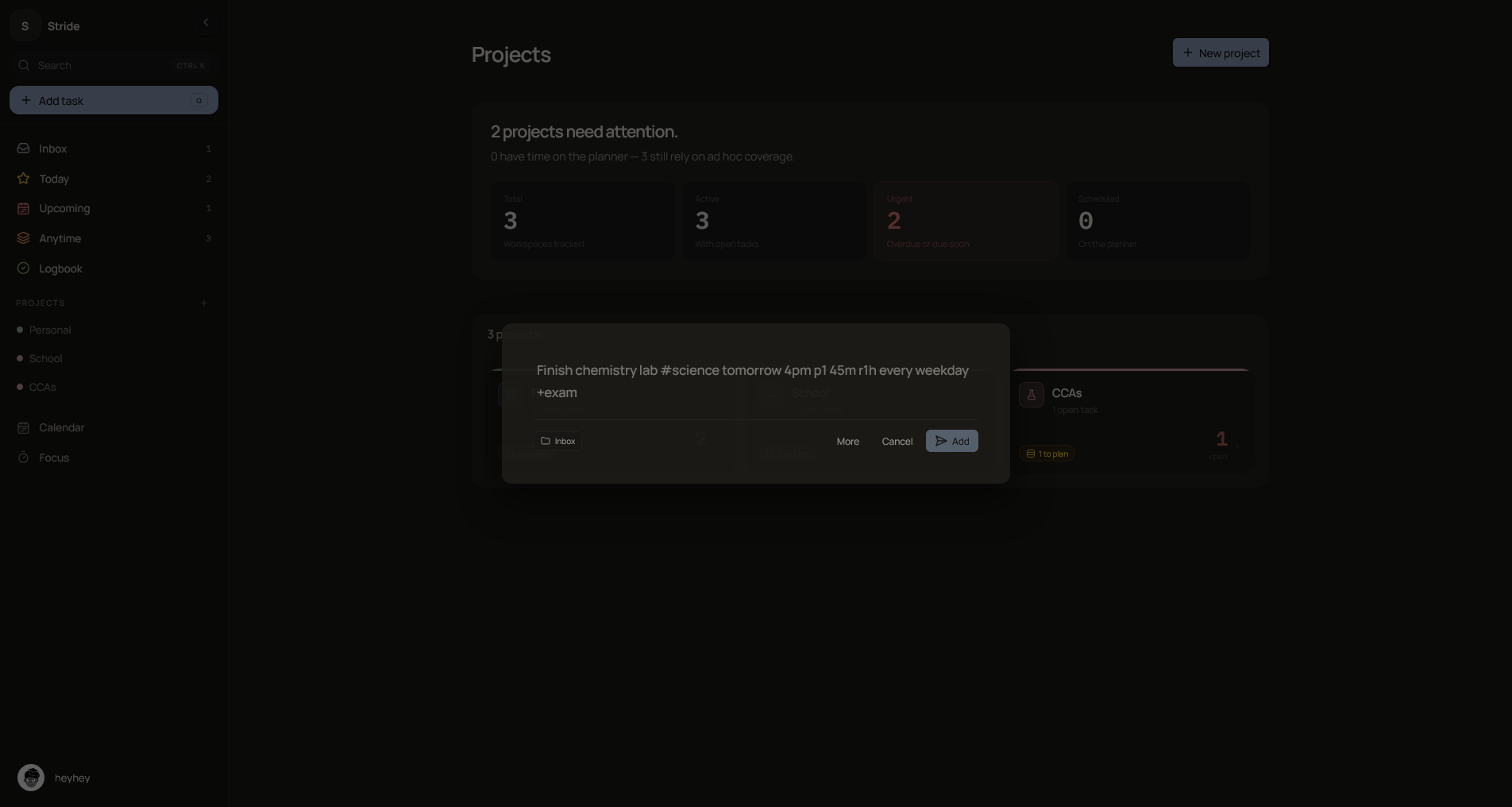 Stride Quick Add dialog for structured task capture